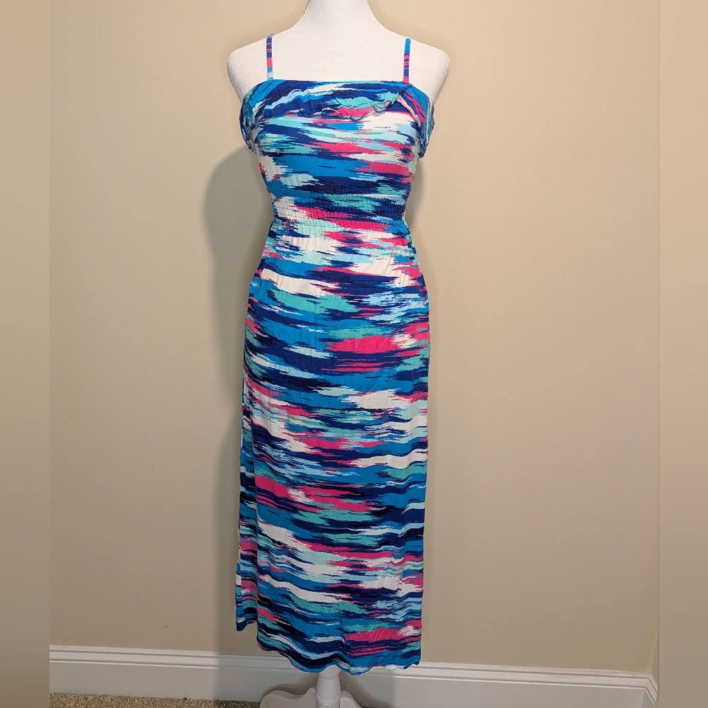 Epic Threads Abstract Blue and Pink Maxi Dress With Spaghetti Straps
